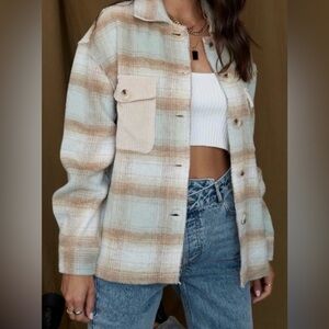Polagram Plaid Shacket Oversized Button Up Sage Tan Corduroy Pocket S NWOT